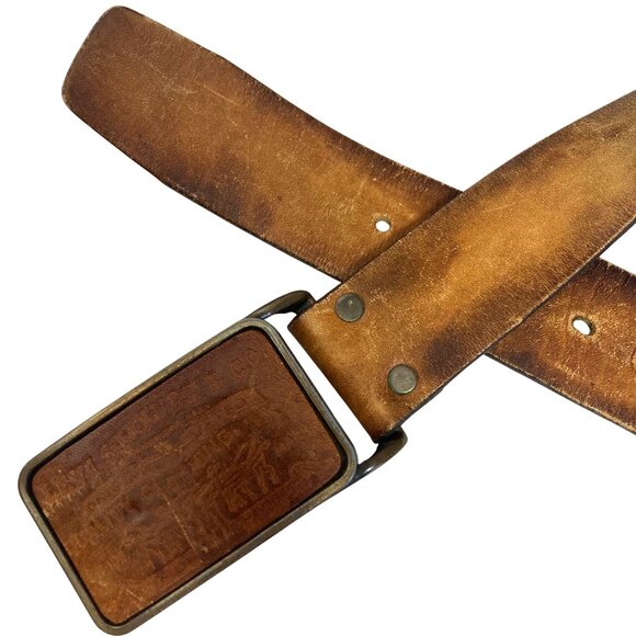Vintage 70s Levis Leather Belt Mens 36 Stamped Logo Buckle Hand Stained 1265-3 - Picture 1 of 12